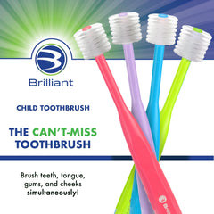 Close-up of soft bristles on lime child toothbrush