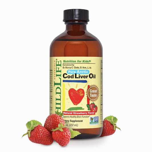 Front view of ChildLife Essentials Cod Liver Oil for Kids - Strawberry, 8 oz