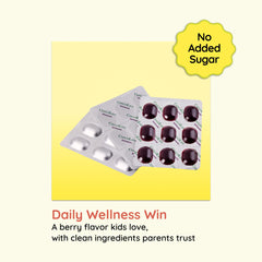 Vitamin C and Vitamin D3 icons with elderberry for children's immune support