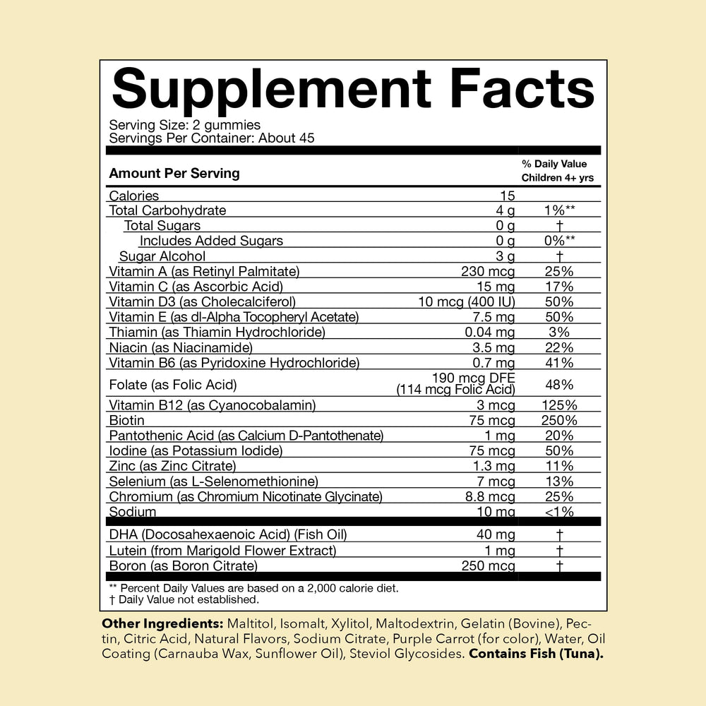Close-up of gummies highlighting DHA and lutein for brain and vision support