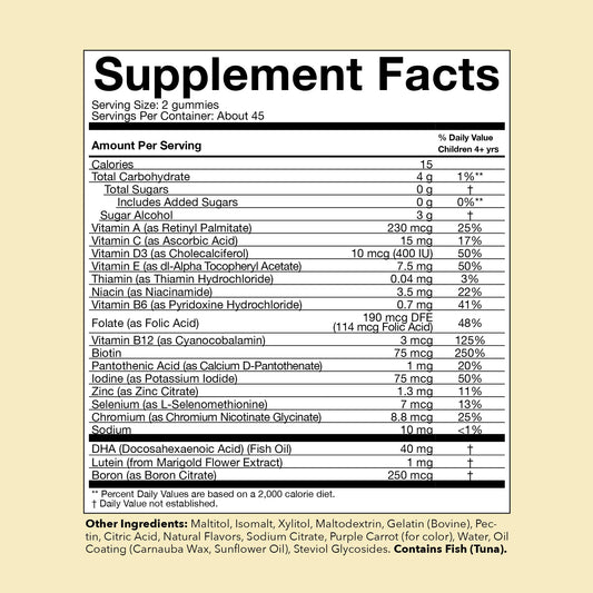 Close-up of gummies highlighting DHA and lutein for brain and vision support