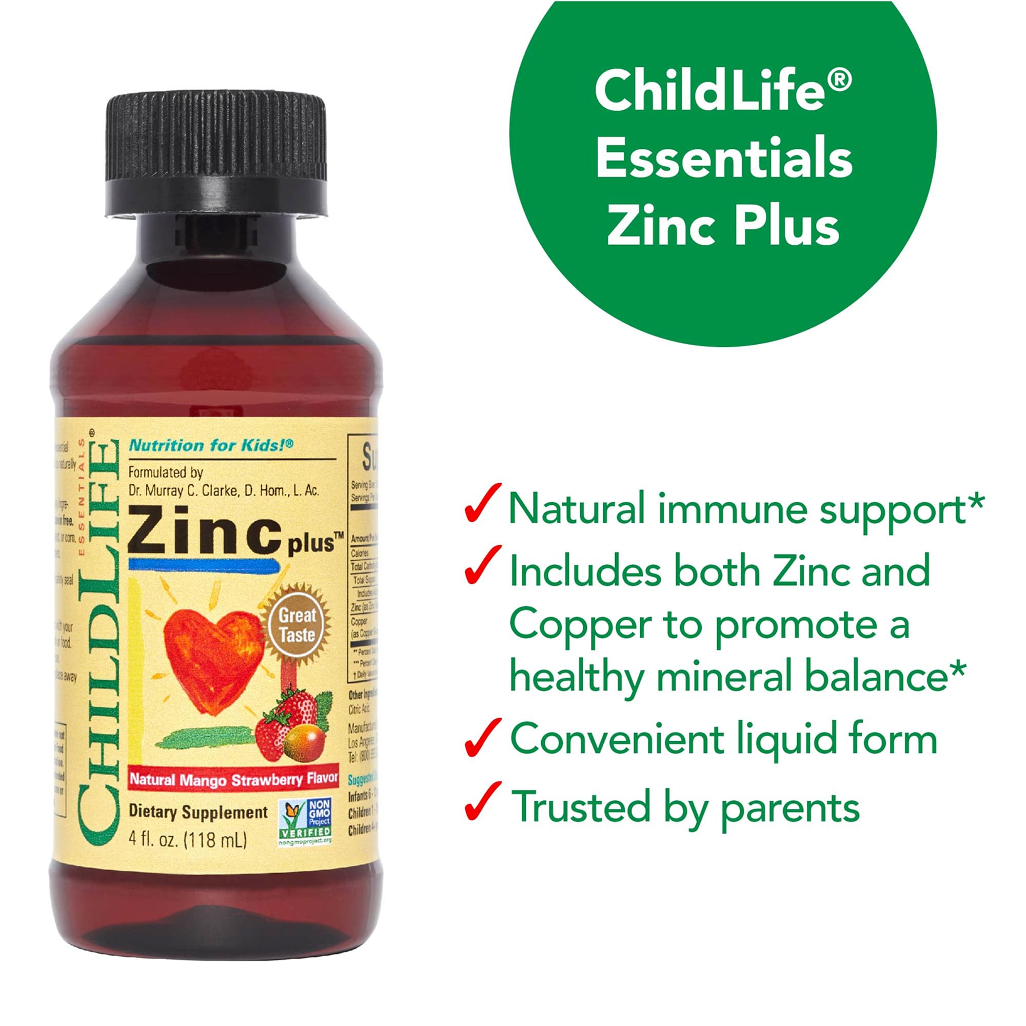 Back packaging of ChildLife Essentials Zinc Plus 4 oz