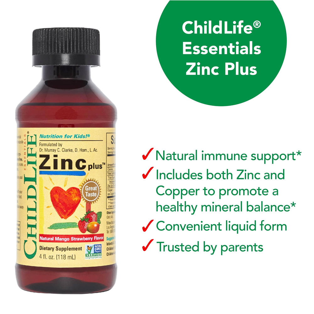 Back packaging of ChildLife Essentials Zinc Plus 4 oz