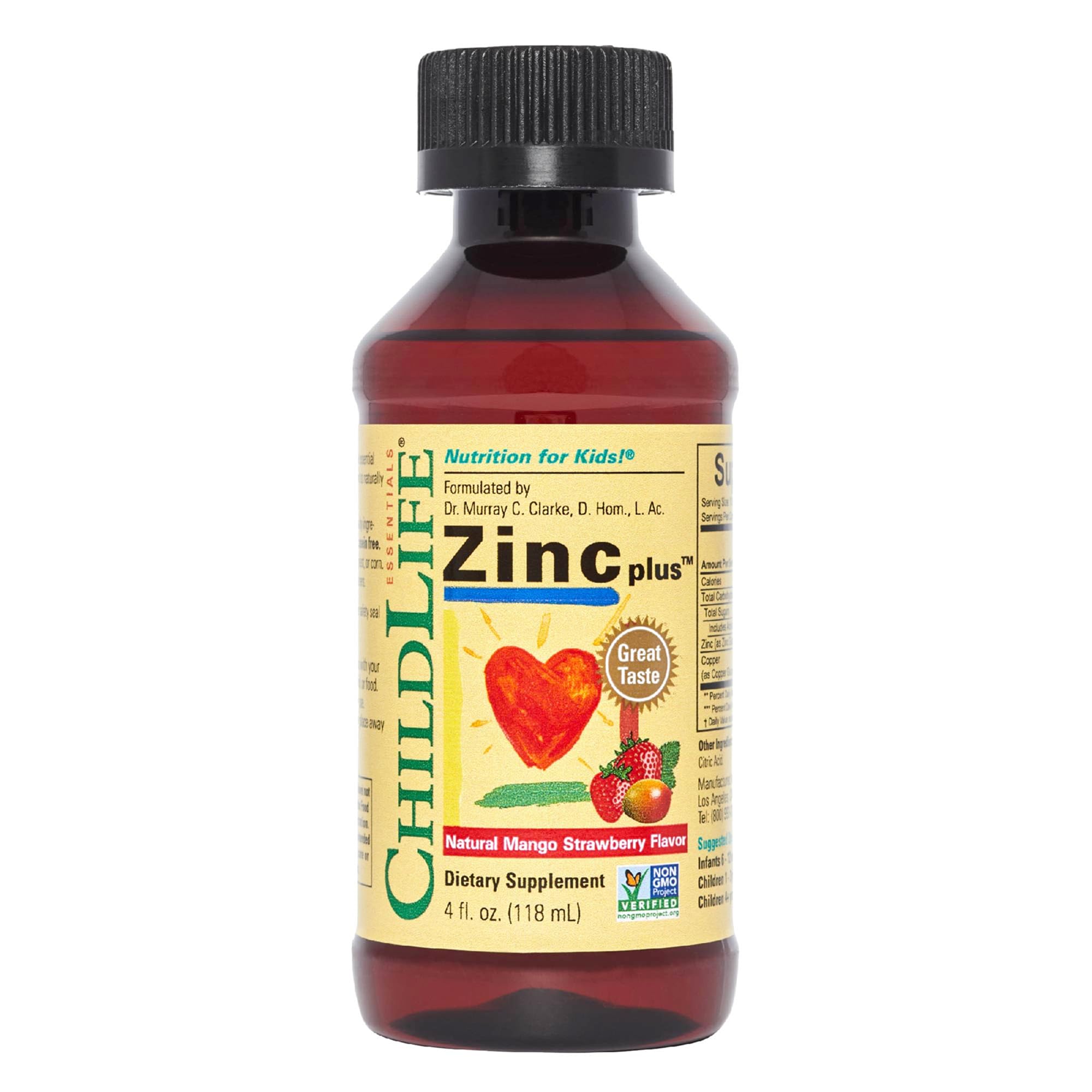 Bottle of ChildLife Essentials Zinc Plus for kids and toddlers in Mango Strawberry flavor (4 oz)