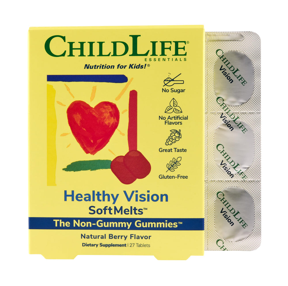 Bottle of CHILDLIFE ESSENTIALS Healthy Vision SoftMelt Gummies Berry flavor with 27 tablets