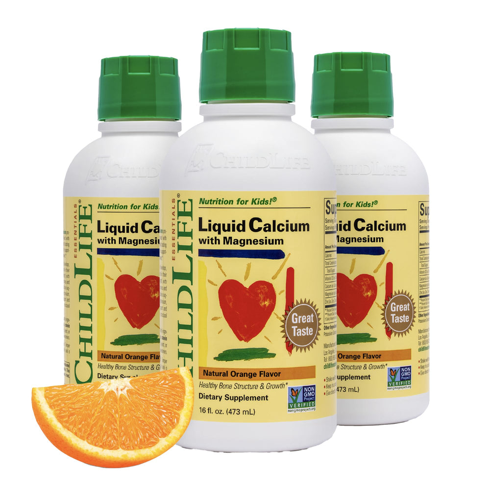 Front view of ChildLife Essentials Liquid Calcium for Kids orange flavor 16 oz pack of 3