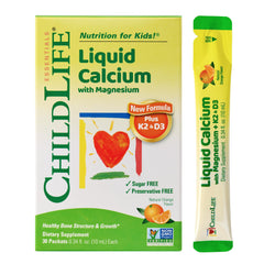 Front view of ChildLife Essentials Liquid Calcium sticks in orange flavor