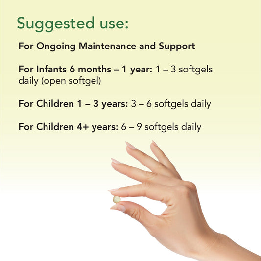 Back view of the two-pack ChildLife Essentials Pure DHA for Kids bottle showing dosage information