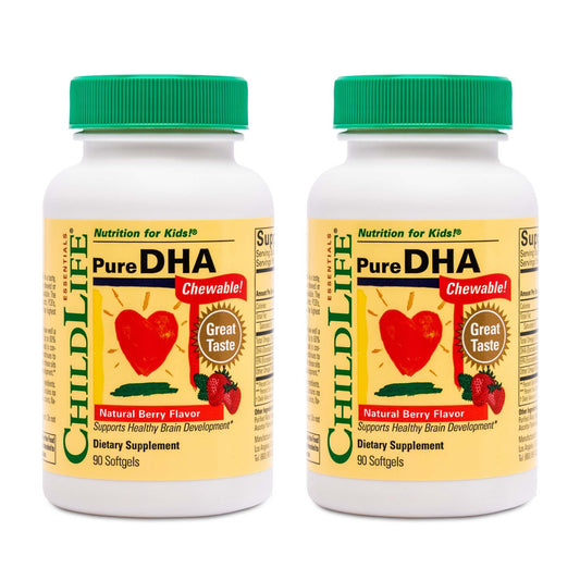 Front view of two-pack ChildLife Essentials Pure DHA for Kids bottle with natural berry flavor