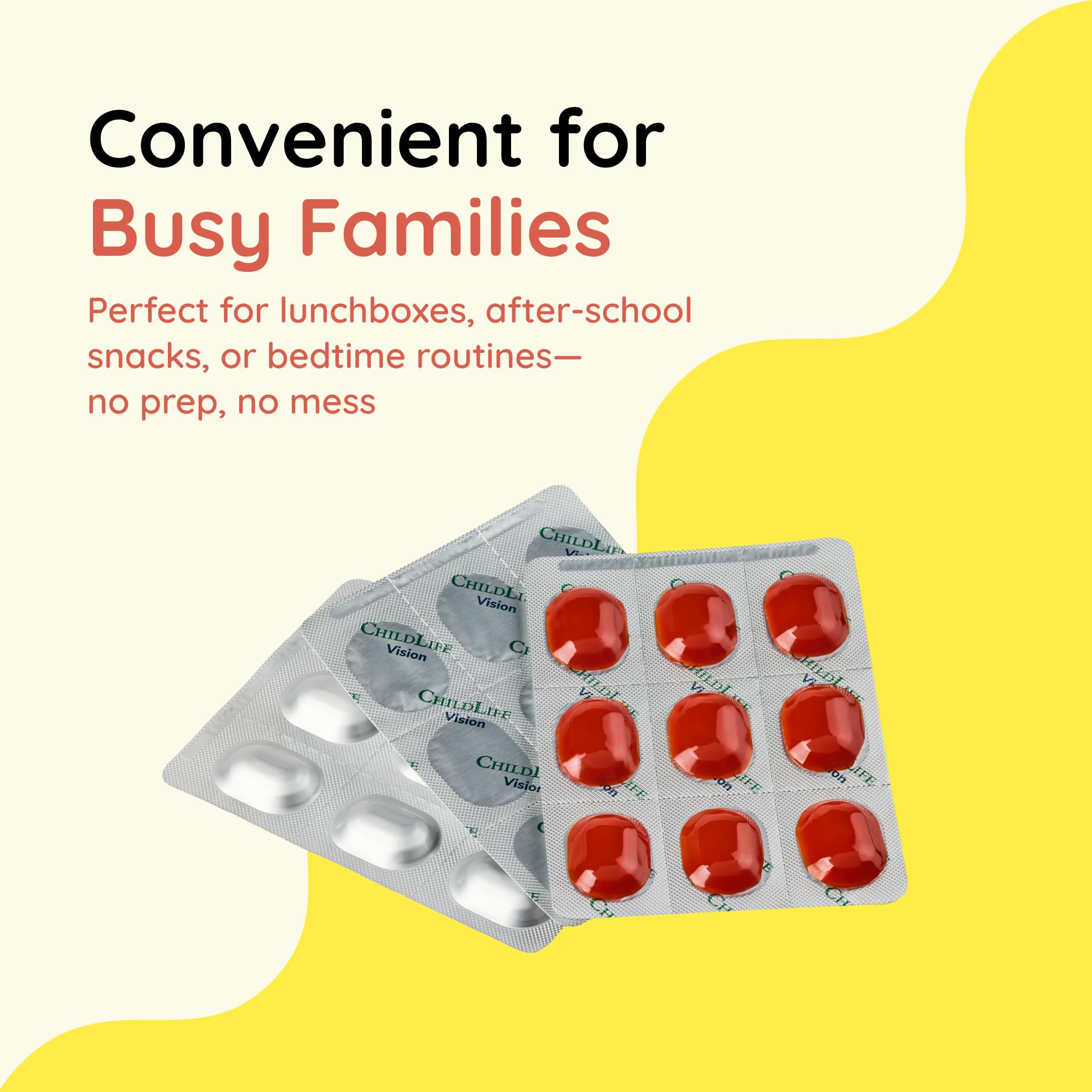 Dosage guide showing one gummy per day for kids