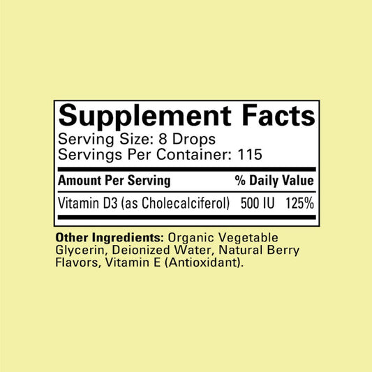 Product label showing 500 IU per serving for Vitamin D3 Drops