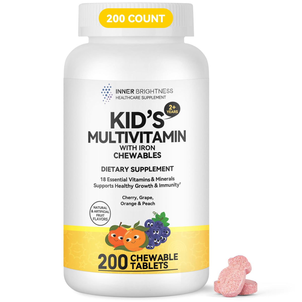Front label of Children's Chewable Multivitamin showing 18 essential nutrients and mixed fruit flavor
