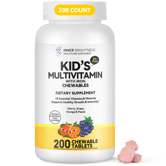 Front label of Children's Chewable Multivitamin showing 18 essential nutrients and mixed fruit flavor