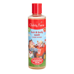 Childs Farm Kids Hair & Body Wash bottle showing organic sweet orange scent for gentle cleansing