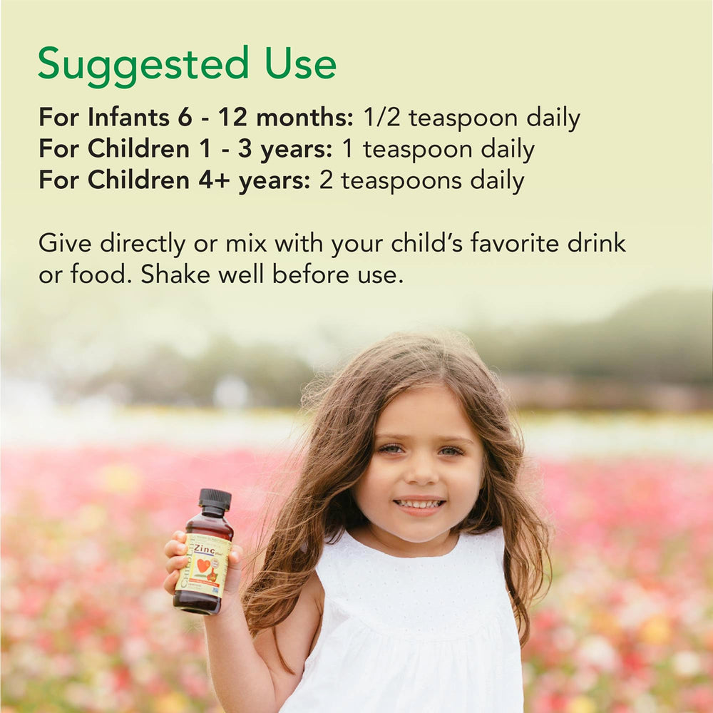 Serving directions and age dosing chart for Zinc Plus