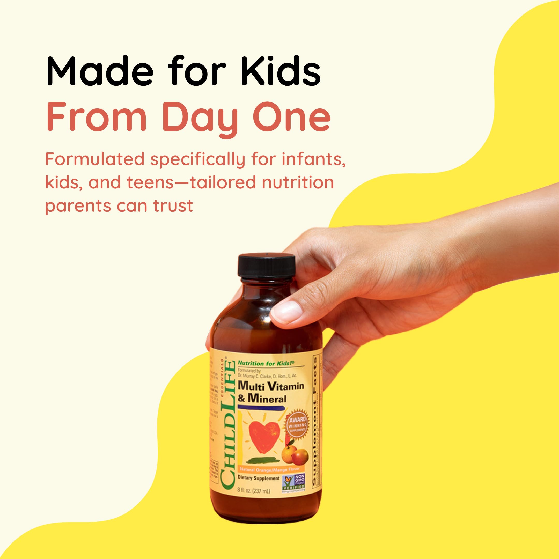 Illustration of natural orange mango flavor on CHILDLIFE bottle