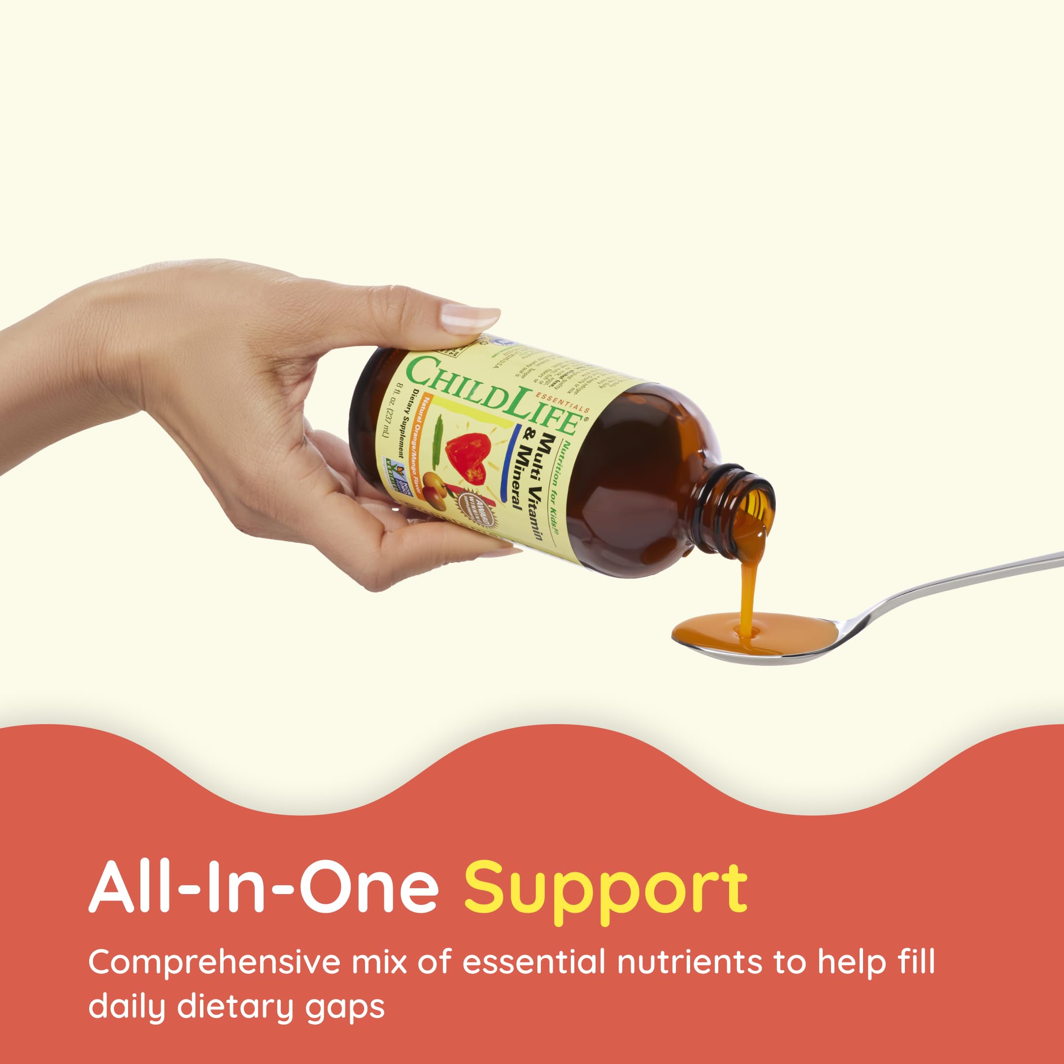 CHILDLIFE multivitamin bottle label highlighting non-GMO and gluten-free