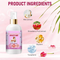 Chinosuo Strawberry Shortcake body milk spray spray action demonstrating easy application