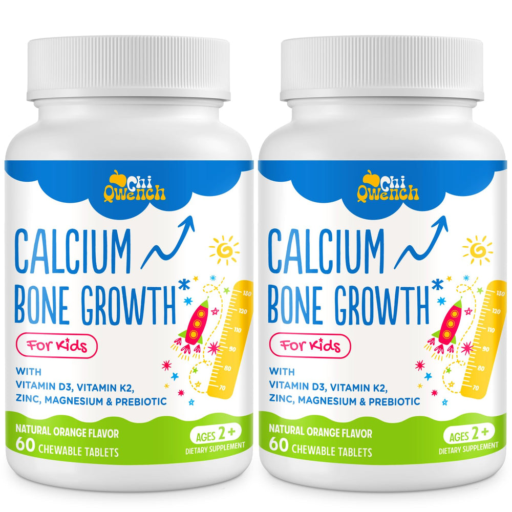 ChiQwench bottle of orange chewables for kids' bone health and daily intake.