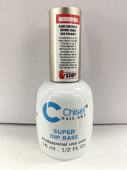 Chisel Nail Art Super Dip Base bottle close-up showing a fast-drying base coat for dipping powder.
