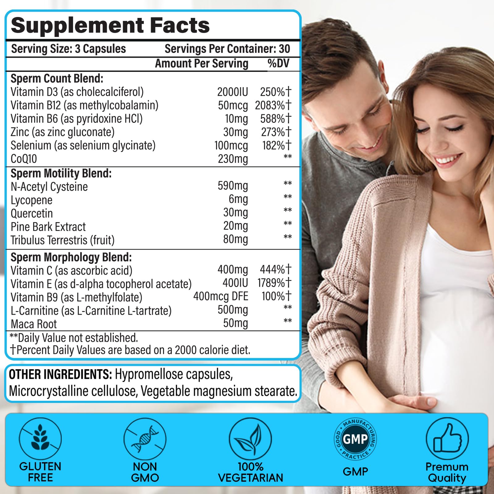 Maca root and zinc ingredients featured for male fertility formula