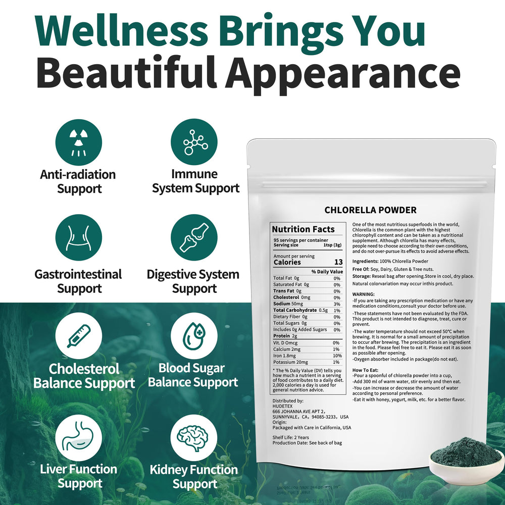 Chlorella powder 10 oz packaging box and label