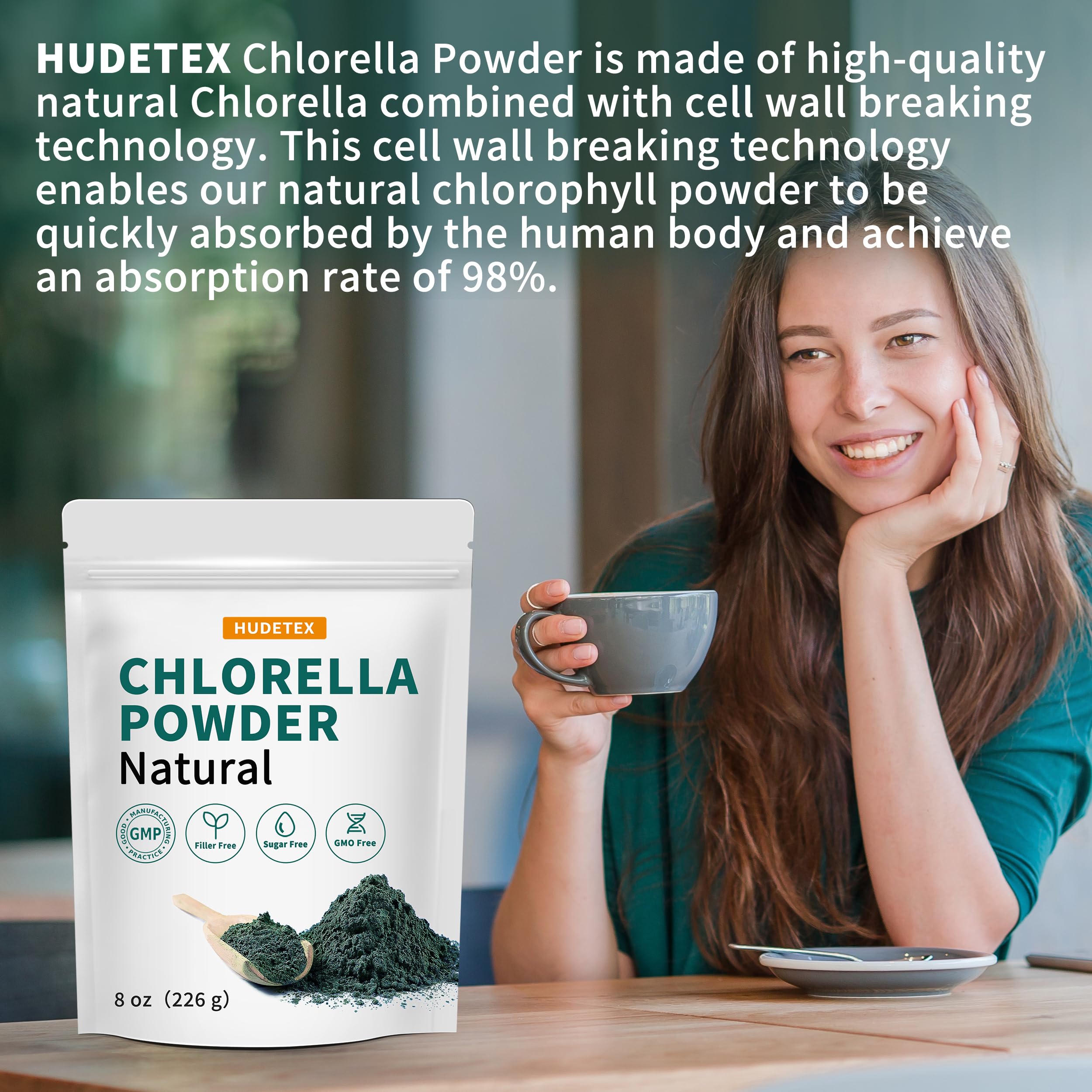 Fine green chlorella powder close-up