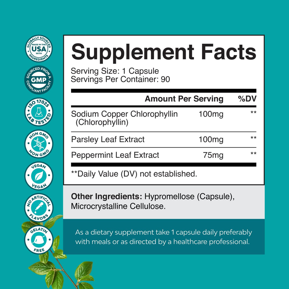 Chlorophyll capsules with mint and parsley for detox and digestion