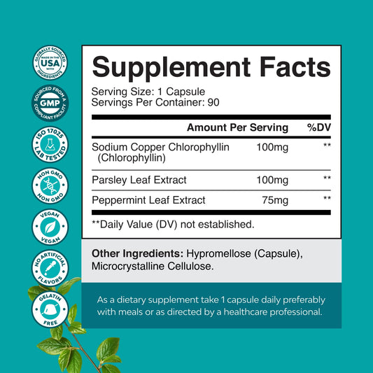 Chlorophyll capsules with mint and parsley for detox and digestion