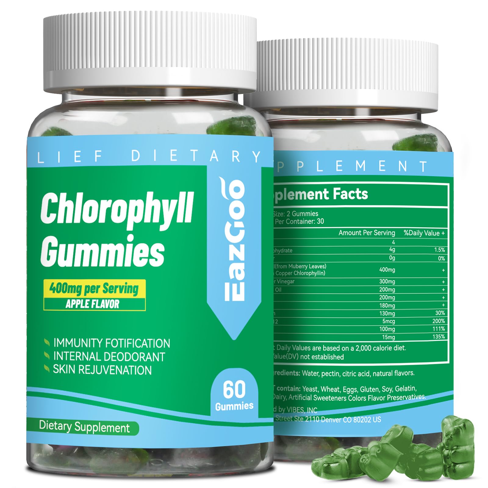 Sugar free chlorophyll gummies bottle with natural apple flavor