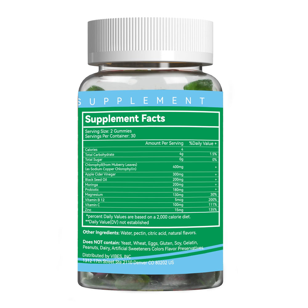 Non-GMO, vegan, sugar-free chlorophyll gummies packaging