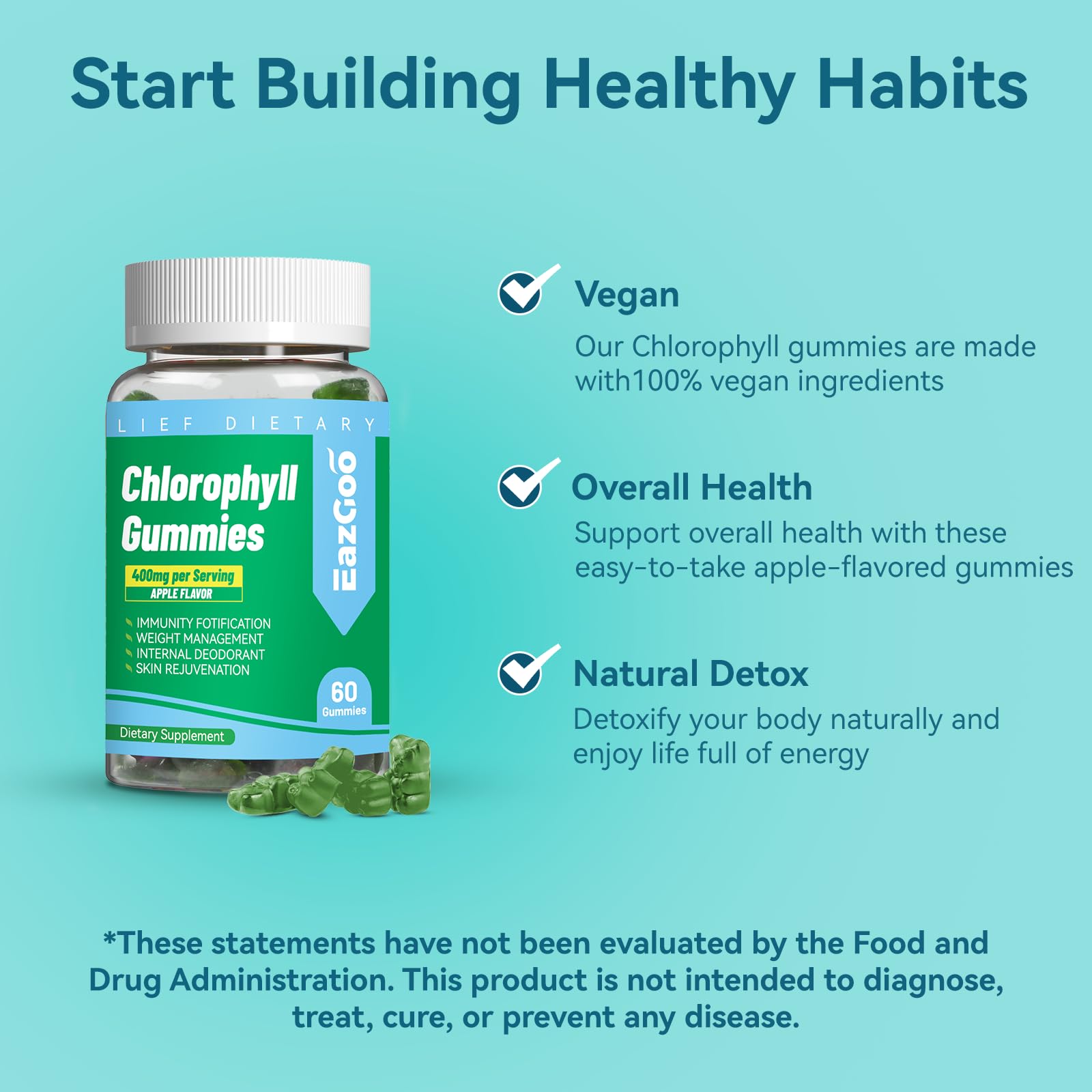 Chlorophyll gummies containing Vitamin C, B12, Zinc and probiotics for immune and digestion support