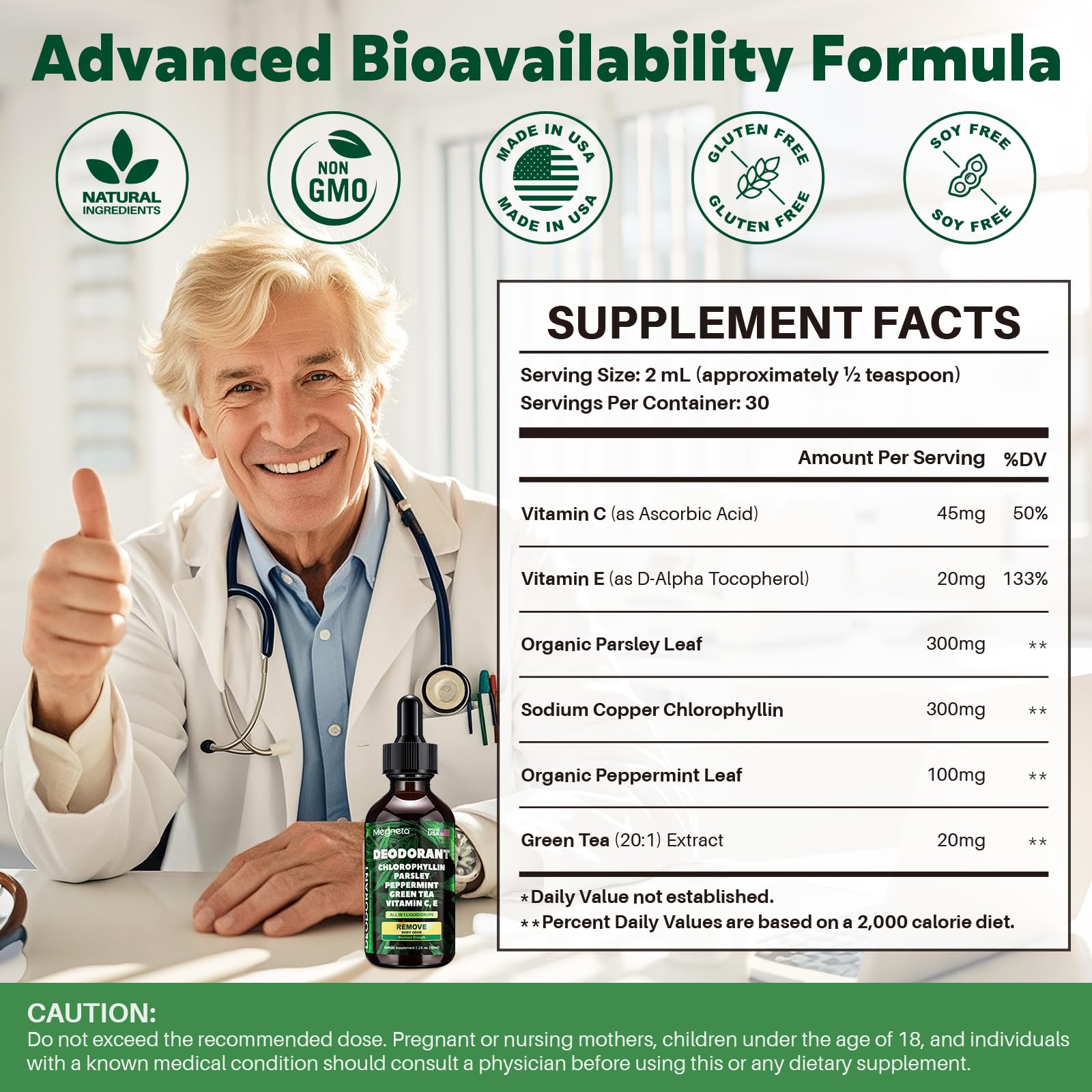 Mint-flavored chlorophyll liquid drops dispensed into a glass