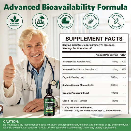 Mint-flavored chlorophyll liquid drops dispensed into a glass