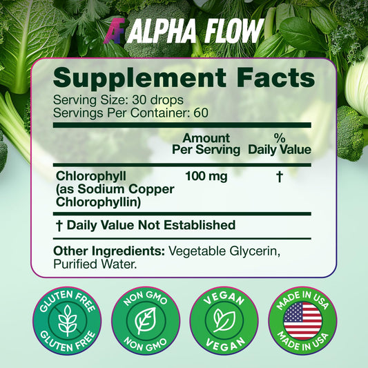 Close-up of chlorophyll liquid drops bottle label showing Non-GMO and vegan