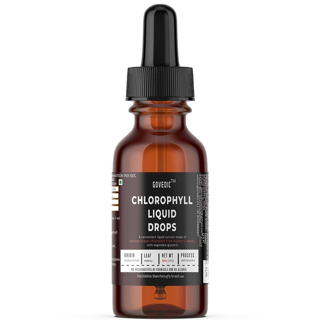 Label showing mulberry leaves for Govedic Chlorophyll Liquid Drops