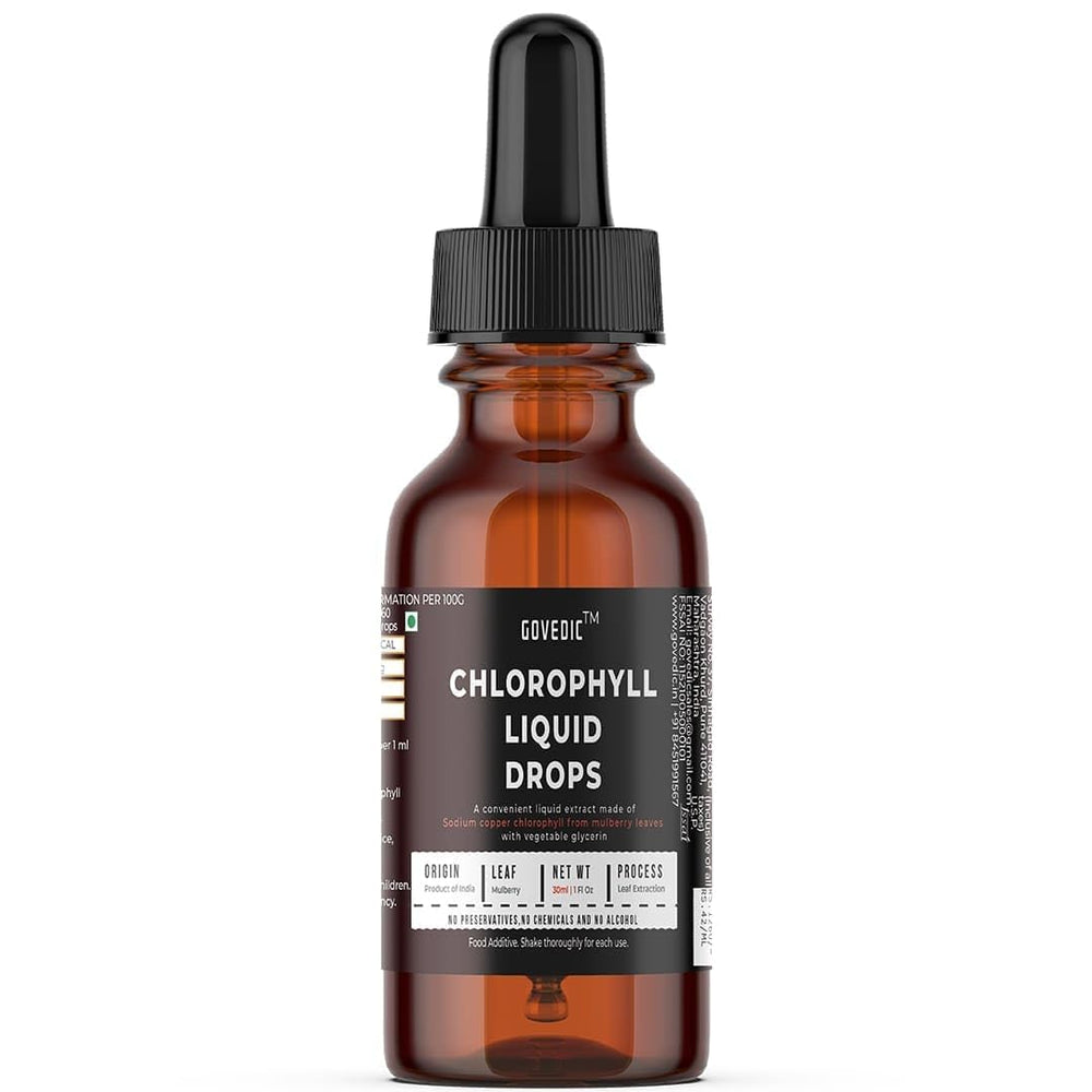 Label showing mulberry leaves for Govedic Chlorophyll Liquid Drops