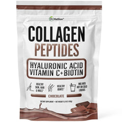Chocolate collagen powder scoop with glass of water