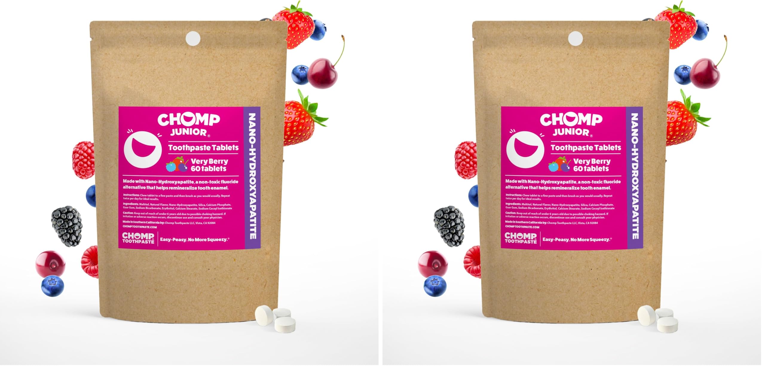 Chomp Junior Very Berry toothpaste tablets with refill pack – front view