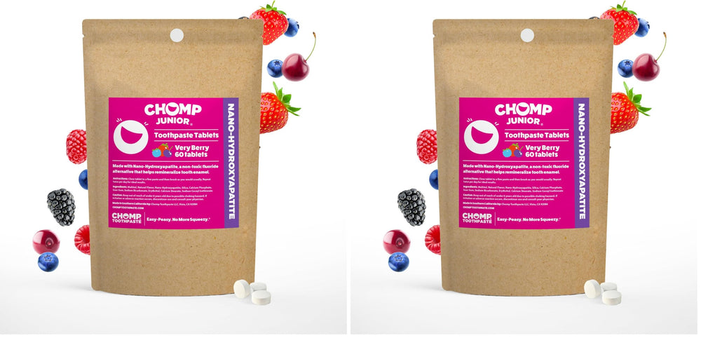 Chomp Junior Very Berry toothpaste tablets with refill pack – front view