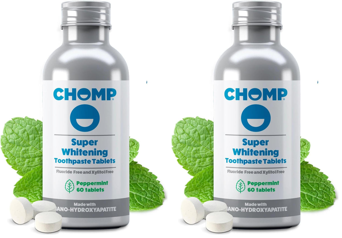 Front view of Chomp Super Whitening Toothpaste Tablets with nano hydroxyapatite (Pack of 2)