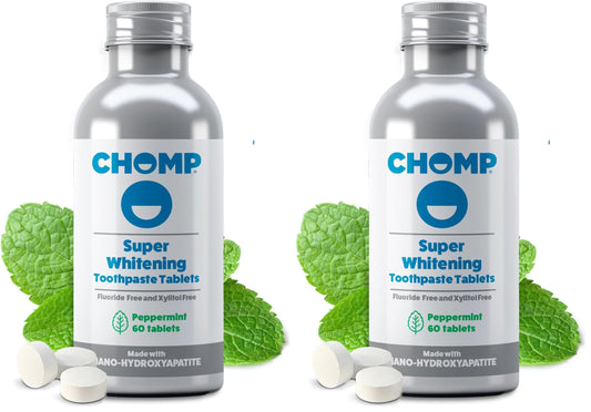 Front view of Chomp Super Whitening Toothpaste Tablets with nano hydroxyapatite (Pack of 2)