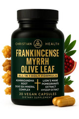 Front view of Christian Health Frankincense Myrrh Olive Leaf Capsules bottle
