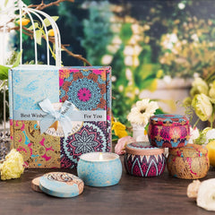 Candles arranged as a holiday gift set