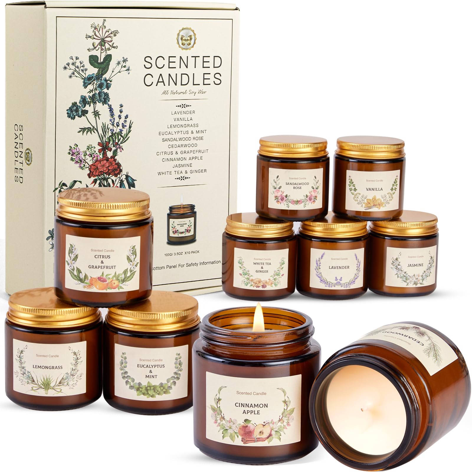 Ten premium soy candles in amber jars inside a festive holiday gift box