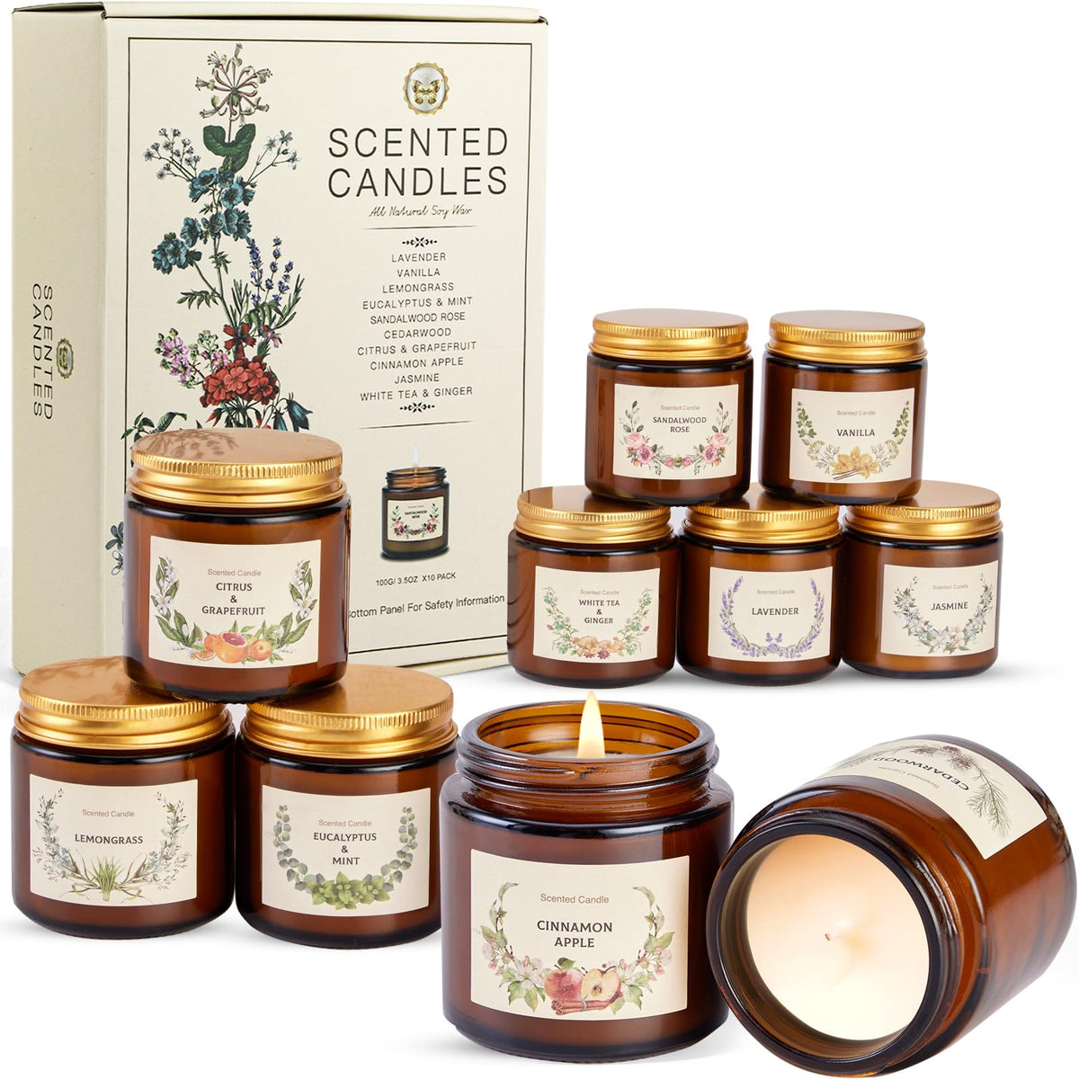 Ten premium soy candles in amber jars inside a festive holiday gift box