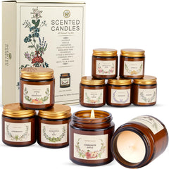 Ten premium soy candles in amber jars inside a festive holiday gift box