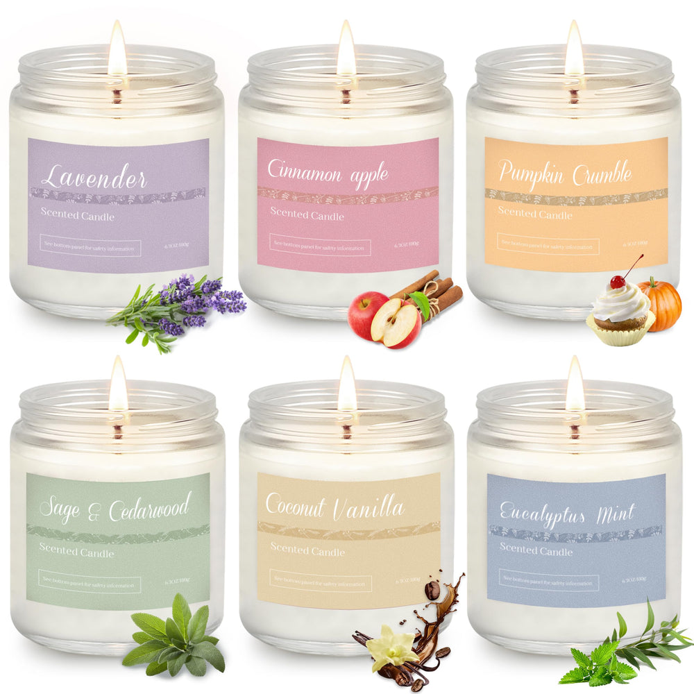 Set of six Christmas candles in a white box with festive ribbon
