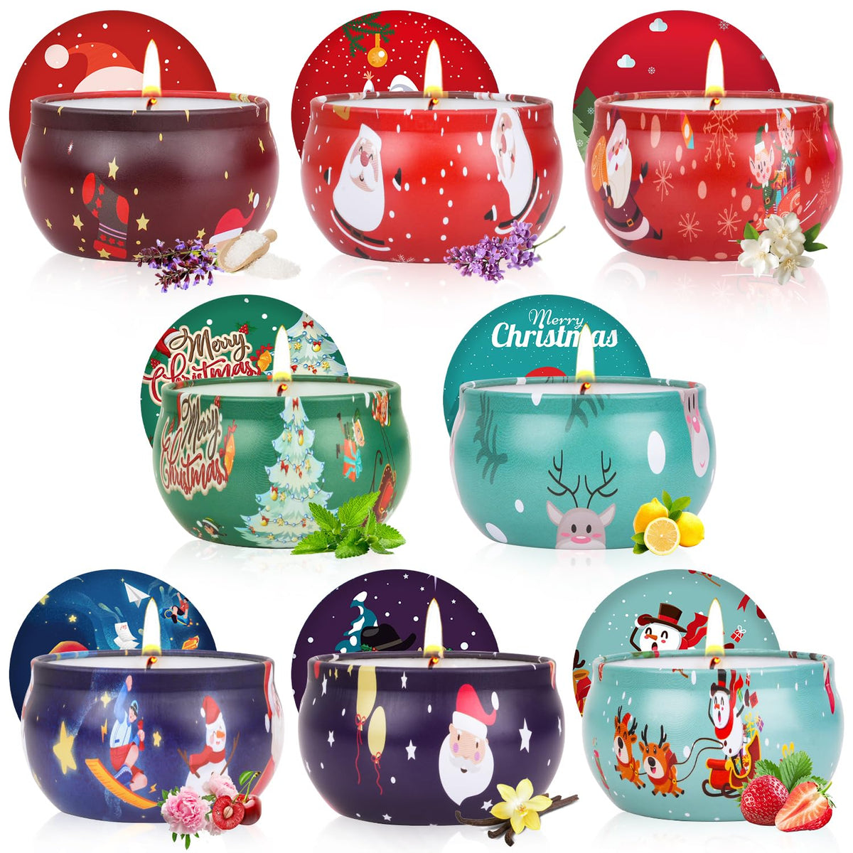 8-pack Christmas scented candle set in festive jars