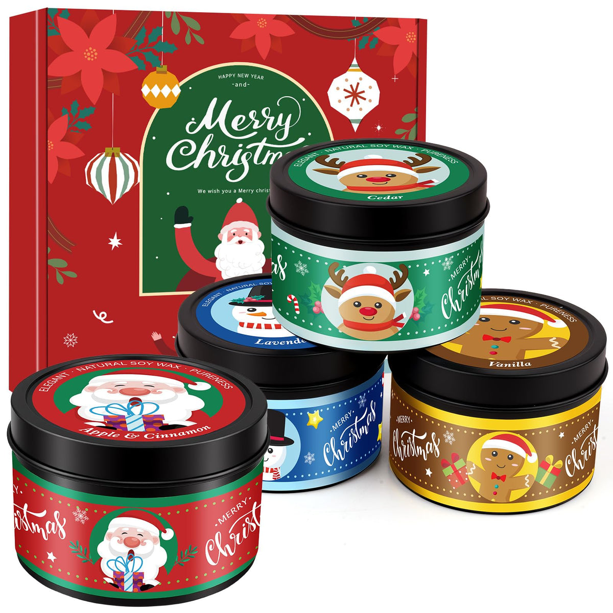 Four 4.6oz Christmas scented candles in decorative jars with Apple Cinnamon, Cedarwood, Vanilla, and Lavender scents